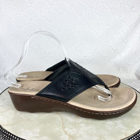 Clarks Sandals Womens 10 Black Leather Phebe Mist Thong Comfort Wedge Slip On - Picture 1 of 15